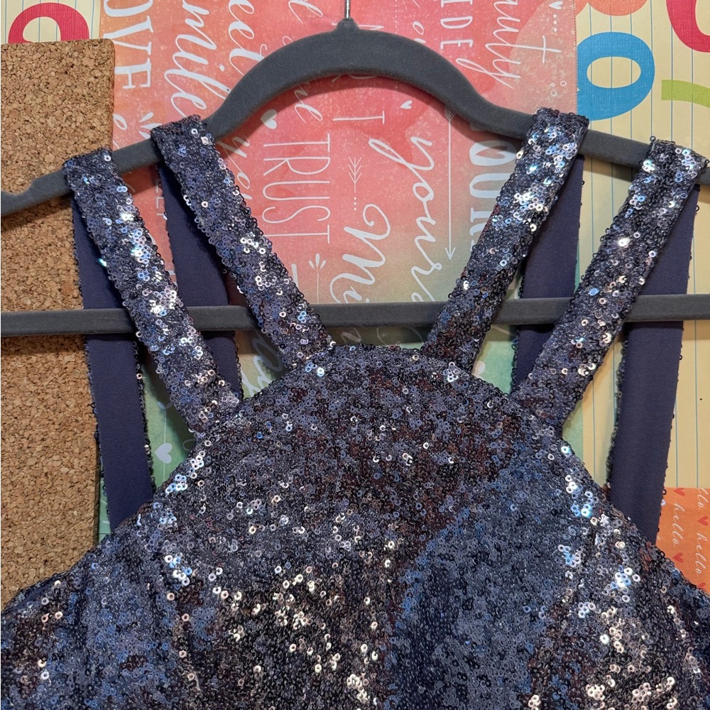 NWT Gorgeous Strappy Mini Dress in Bluish Silver Sequins Sparkle Size Medium - Picture 2 of 10